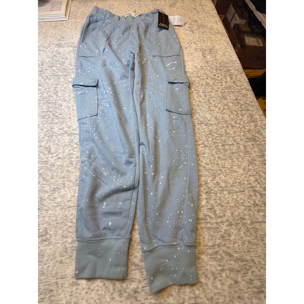 No Boundaries Blue Paint Splatter Cargo Jogger Pants Size M 7 9 NWT